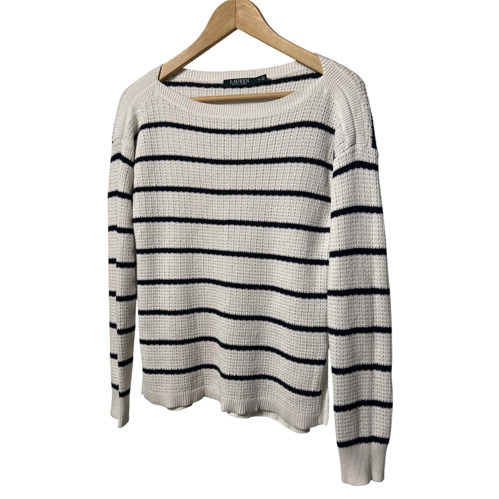 Lauren Ralph Lauren Boat Neck Striped Waffle Knit Sweater Size Medium